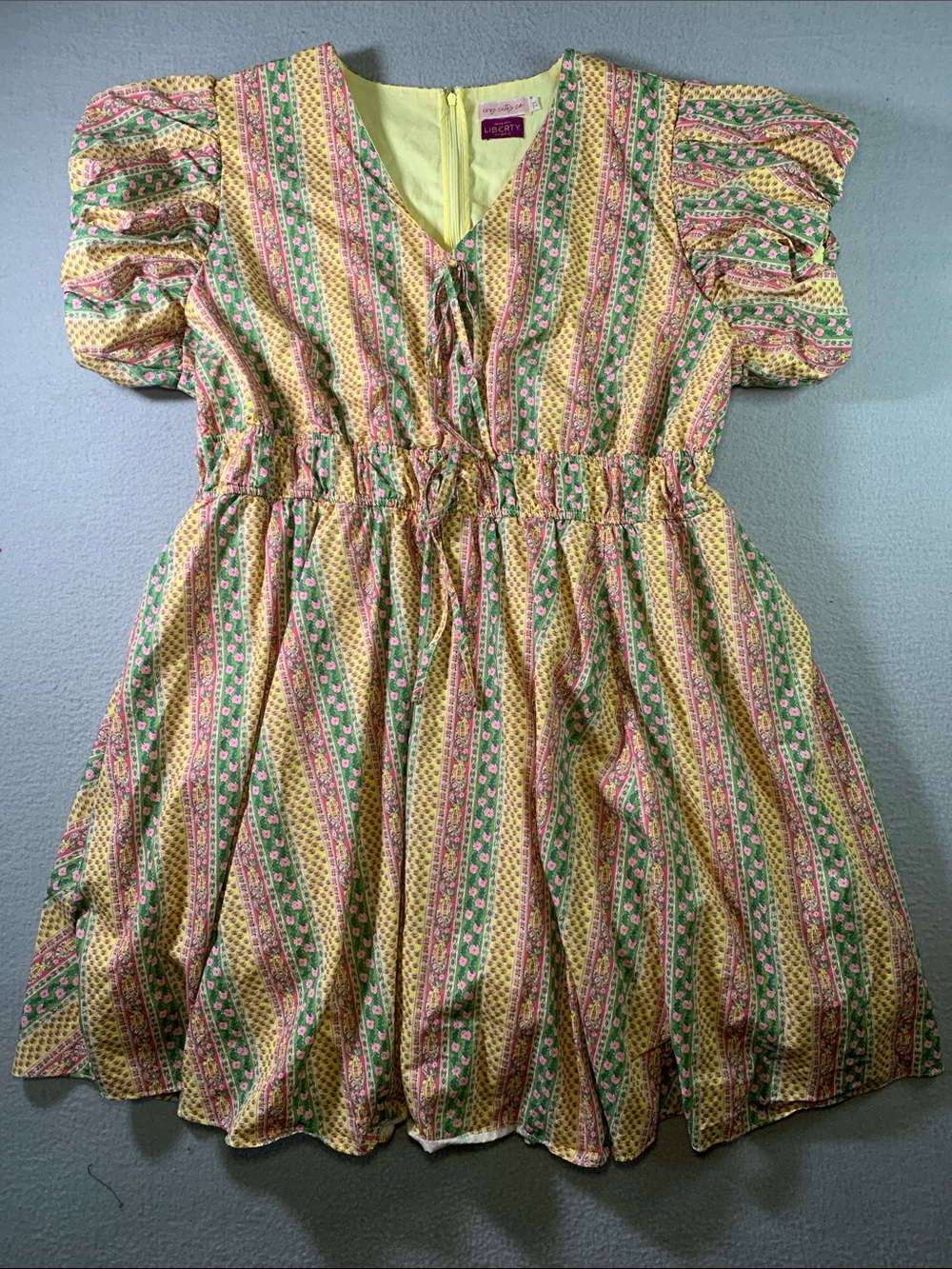 Ivy City Co Yellow Green Pink Floral Stripe Puff-Sleeve Mini Dress size 2XL